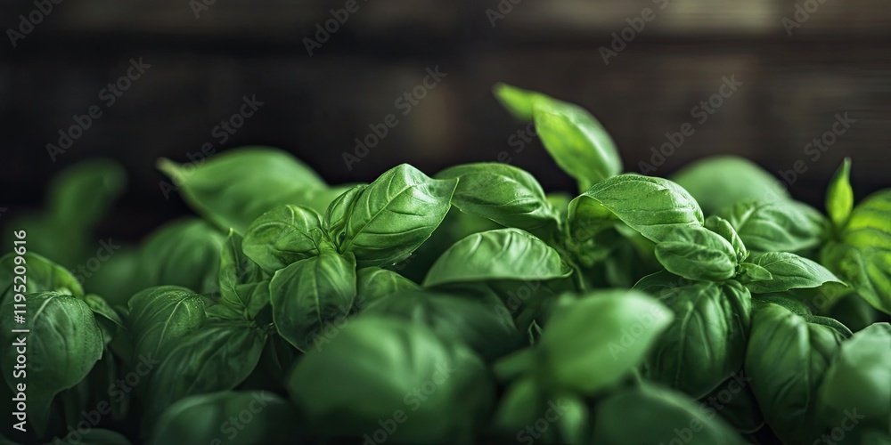 Fresh green basil leaves clustered in vibrant shades of green, set against a textured dark wooden background, showcasing freshness and natural beauty. Fresh green basil leaves clustered in vibrant shades of green, set against a textured dark wooden background, showcasing freshness and natural beauty.
