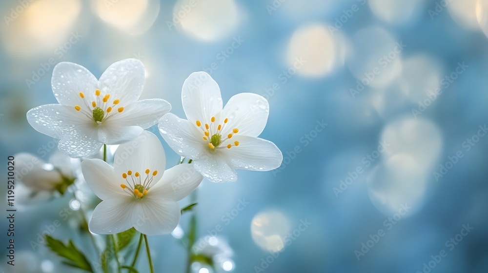 White wildflowers emerge against soft blue backdrop with dreamy bokeh effect. Morning dew and gentle backlighting create ethereal mood in minimalist floral macro composition. White wildflowers emerge against soft blue backdrop with dreamy bokeh effect. Morning dew and gentle backlighting create ethereal mood in minimalist floral macro composition.