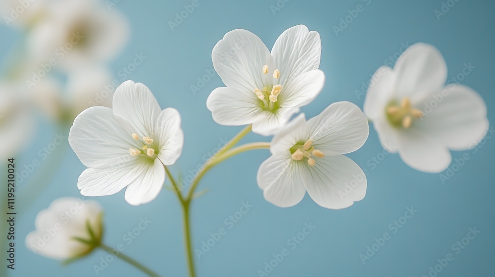 White wildflowers emerge against soft blue backdrop with dreamy bokeh effect. Morning dew and gentle backlighting create ethereal mood in minimalist floral macro composition. White wildflowers emerge against soft blue backdrop with dreamy bokeh effect. Morning dew and gentle backlighting create ethereal mood in minimalist floral macro composition.