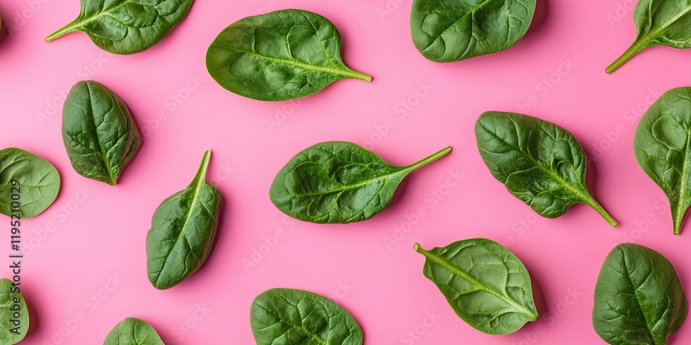 Fresh green spinach leaves scattered on a pink background, viewed from above, highlighting a vibrant and healthy food concept. Fresh green spinach leaves scattered on a pink background, viewed from above, highlighting a vibrant and healthy food concept.