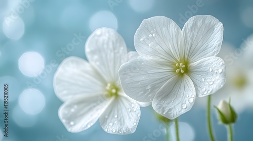 White wildflowers emerge against soft blue backdrop with dreamy bokeh effect. Morning dew and gentle backlighting create ethereal mood in minimalist floral macro composition.