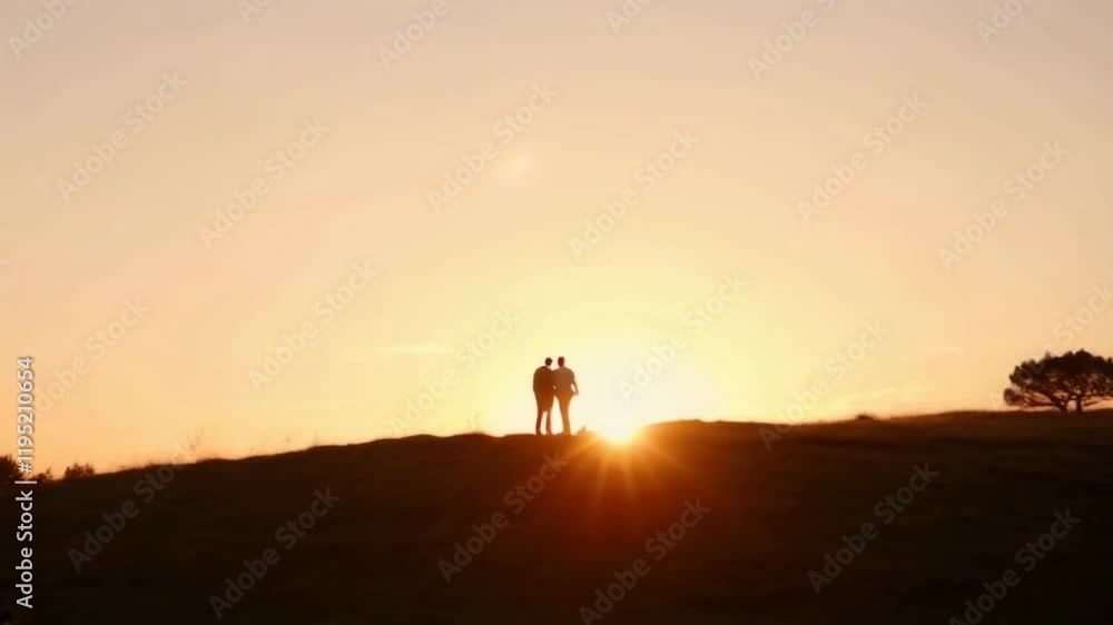 A couple standing on a hillside at sunset. The sun is setting in the background, casting a warm glow over the scene. The couple appears to be enjoying each other's company and the beautiful view A couple standing on a hillside at sunset. The sun is setting in the background, casting a warm glow over the scene. The couple appears to be enjoying each other's company and the beautiful view