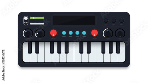 Modern mini synthesizer MIDI keyboard with minimalistic interface isolated. MIDI controller. Portable synthesizer, two octaves keyboard and knobs. Realistic vector illustration.