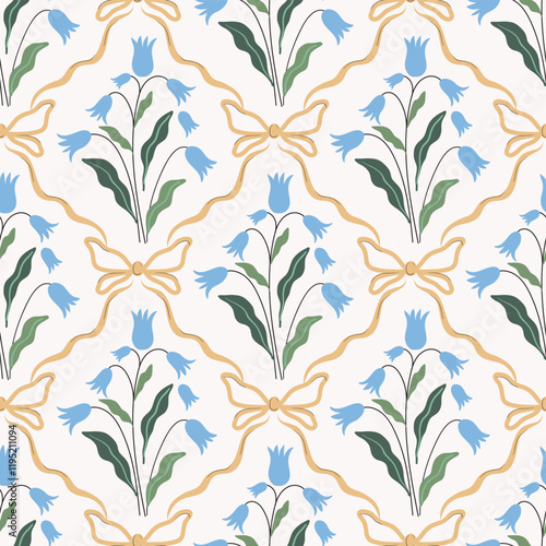 Vintage seamless pattern with spring bluebells  and coquette ribbons, elegant floral bouquets wallpaper, trendy background