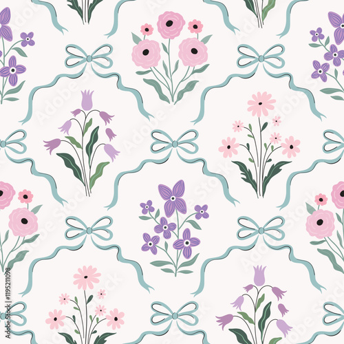 Vintage seamless pattern with spring floral bouquets and coquette ribbons, elegant wallpaper, trendy background