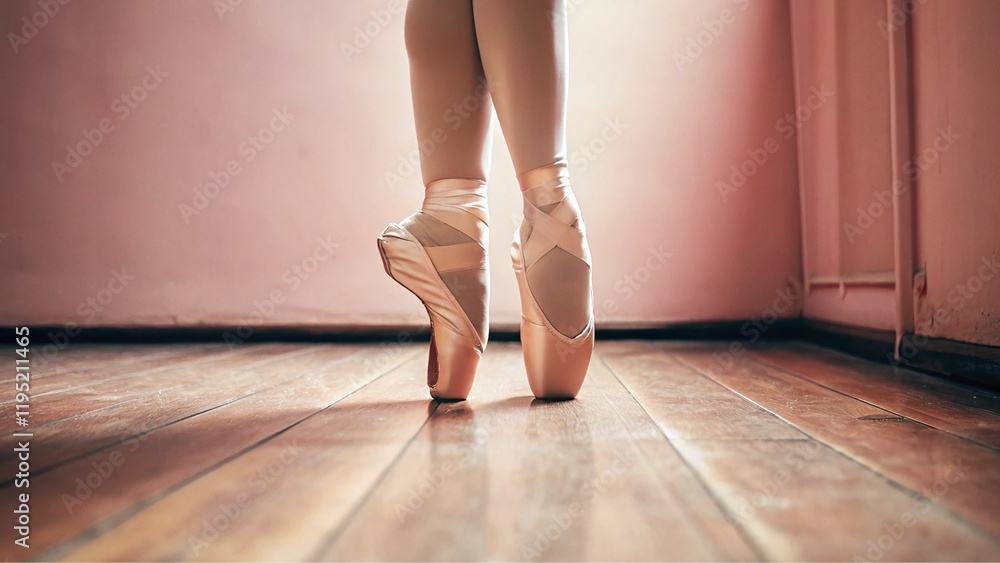 Elegant Ballet Dancer in Pointe Shoes on Wooden Flooring Elegant Ballet Dancer in Pointe Shoes on Wooden Flooring