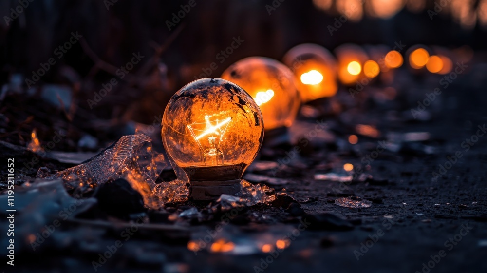A row of glowing light bulbs amidst debris, creating a striking contrast with the surroundings. A row of glowing light bulbs amidst debris, creating a striking contrast with the surroundings.