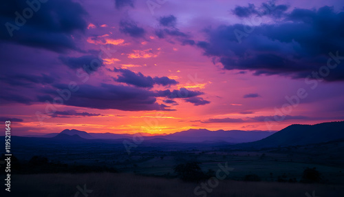 Beautiful sunset over mountains and hills of pastures and farms in Kisoro, Uganda, with a colorful sky and incredible landscape photo