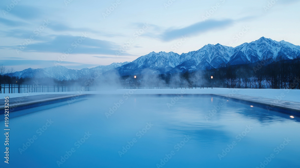 Obraz premium Mountaintop Serenity: A tranquil outdoor pool nestled against a backdrop of majestic snow-capped mountains, exuding an atmosphere of serenity and rejuvenation.