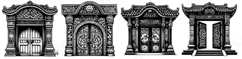 Four vector sketches of richly decorated ancient asian entry door