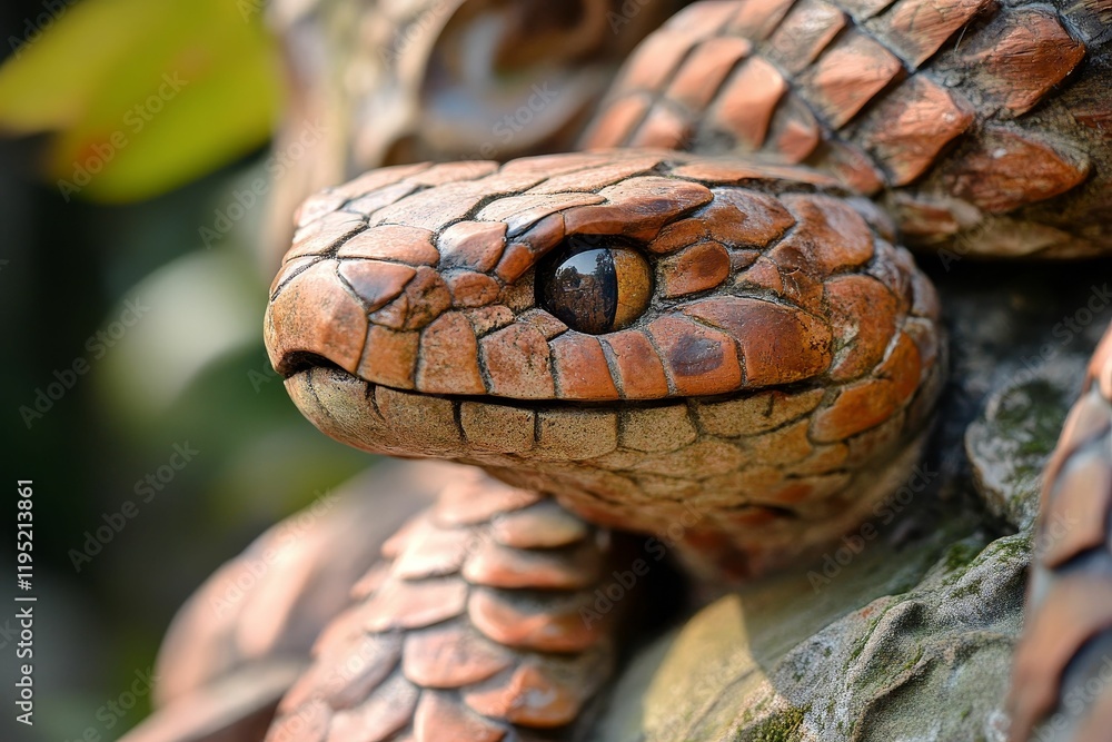Close-up stone reptile sculpture; detailed scales, visible eye. Close-up stone reptile sculpture; detailed scales, visible eye.