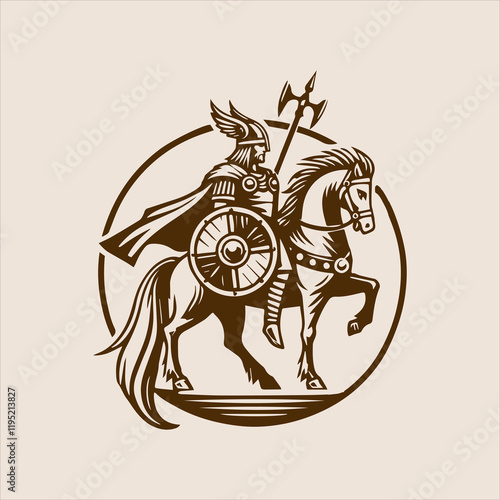 Viking Chief Riding Horse with Shield and Axe Vector Logo 