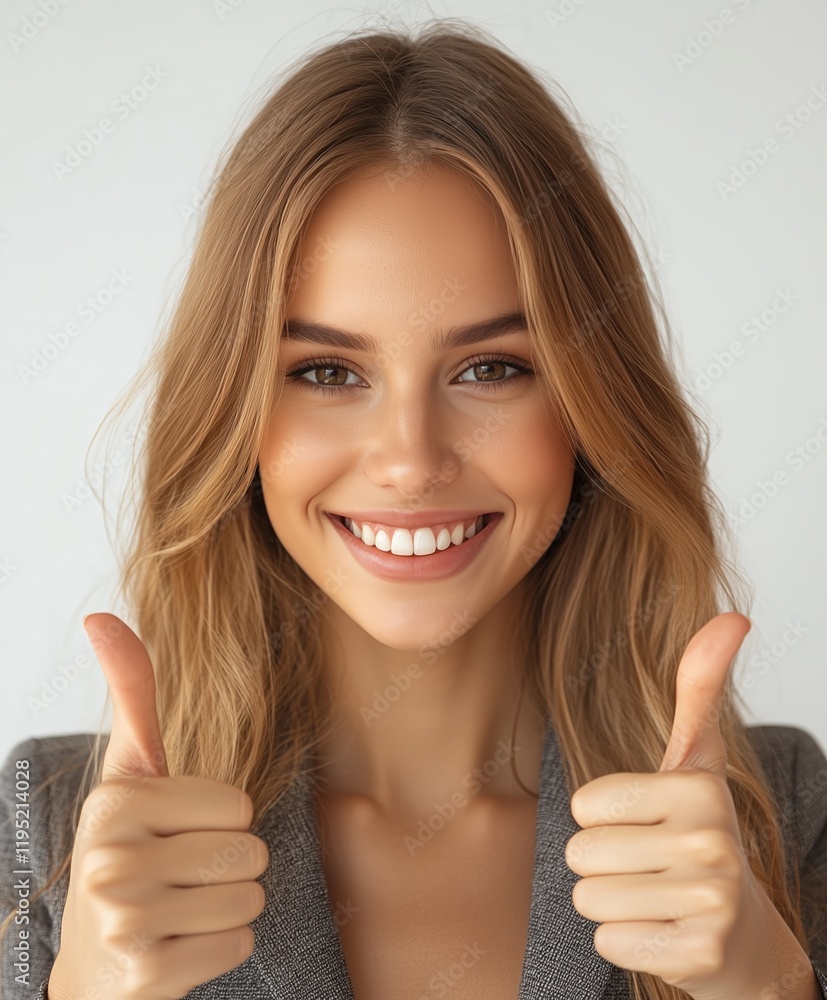 Smiling woman with long hair showing thumbs up indoors in a bright and cheerful environment Smiling woman with long hair showing thumbs up indoors in a bright and cheerful environment