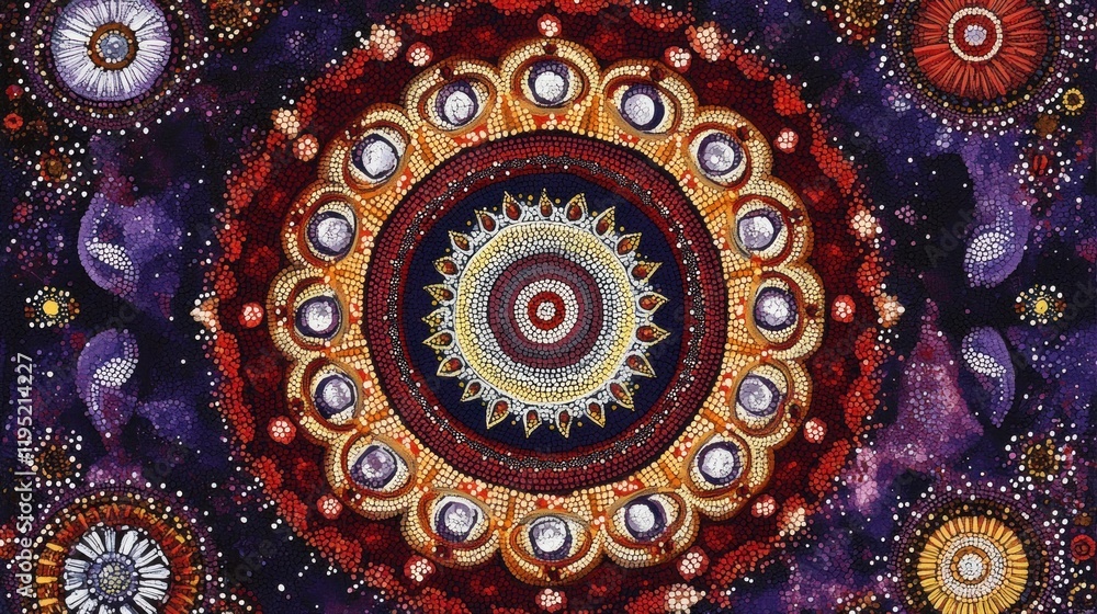 A vibrant mandala design featuring intricate patterns and cosmic elements. A vibrant mandala design featuring intricate patterns and cosmic elements.