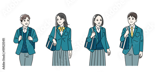 登下校をする鞄を持っている男女の学生のイラスト