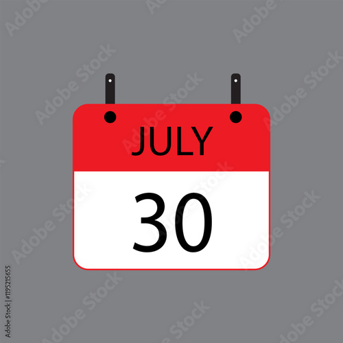 Calendar icon with July 30 date on grey background. Vector schedule symbol.