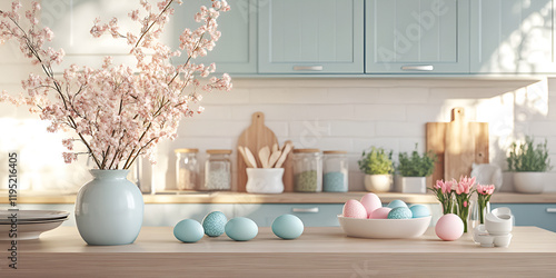 Easter Kitchen Decor: Pastel-colored Easter eggs and delicate pink tulips sit on a kitchen counter, alongside a vase of blossoming branches, creating a charming springtime scene.  