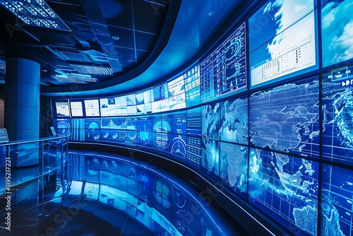 A futuristic control room features a large curved wall of highresolution screens displaying realtime data visualizations, maps, and charts. Bluelit, modern and technologically advanced. photo