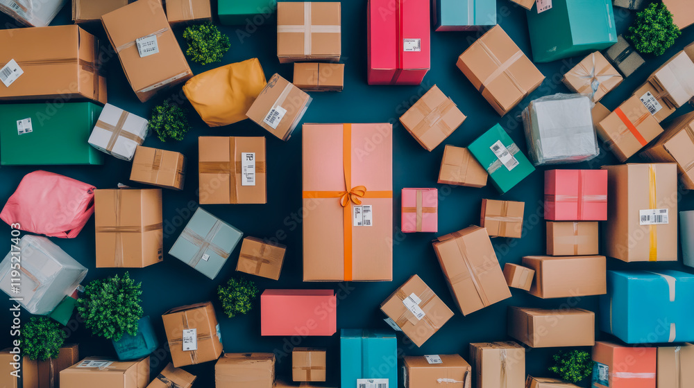 An overhead shot of numerous colorful shipping boxes and plants on a dark background. An overhead shot of numerous colorful shipping boxes and plants on a dark background.