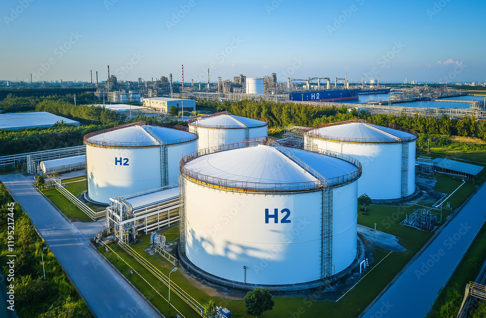 Aerial shot of a coastal refinery showcasing large white hydrogen storage tanks, complex pipelines, and industrial infrastructure. A large vessel is visible offshore. Aerial shot of a coastal refinery showcasing large white hydrogen storage tanks, complex pipelines, and industrial infrastructure. A large vessel is visible offshore.