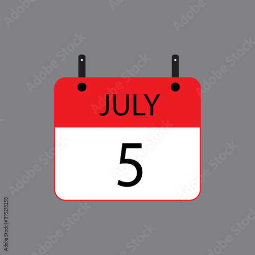 Calendar icon with July 5th date on grey background. Vector schedule symbol.