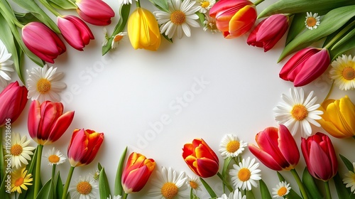 Colorful tulips and daisies arranged on a light background for a cheerful floral display