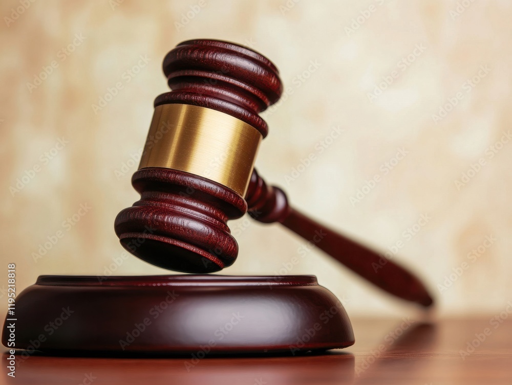Obraz premium A close-up of a wooden gavel resting on a sound block, symbolizing justice and law in a courtroom setting.