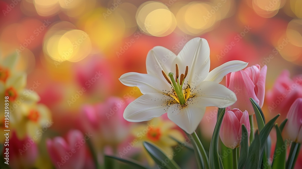 Bright colorful flowers blooming in spring with a white lily and pink tulips in a garden setting