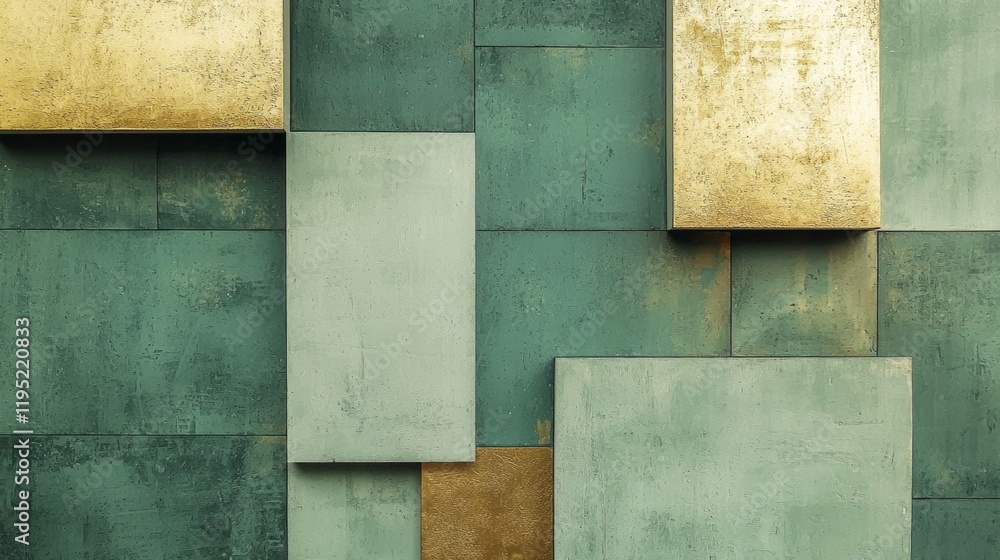 A striking arrangement of geometric squares in muted green and gold captures attention with its elegant simplicity. This artful composition evokes a sense of calm and sophistication A striking arrangement of geometric squares in muted green and gold captures attention with its elegant simplicity. This artful composition evokes a sense of calm and sophistication