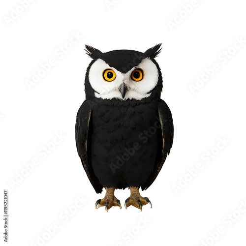 Cartoon-style illustration of a black owl with yellow eyes isolated on transparent background