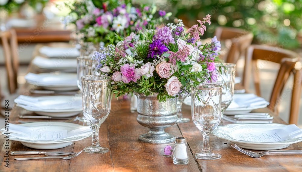 Rustic Elegance Outdoor Table Setting with Floral Centerpiece for Festive Celebration Rustic Elegance Outdoor Table Setting with Floral Centerpiece for Festive Celebration