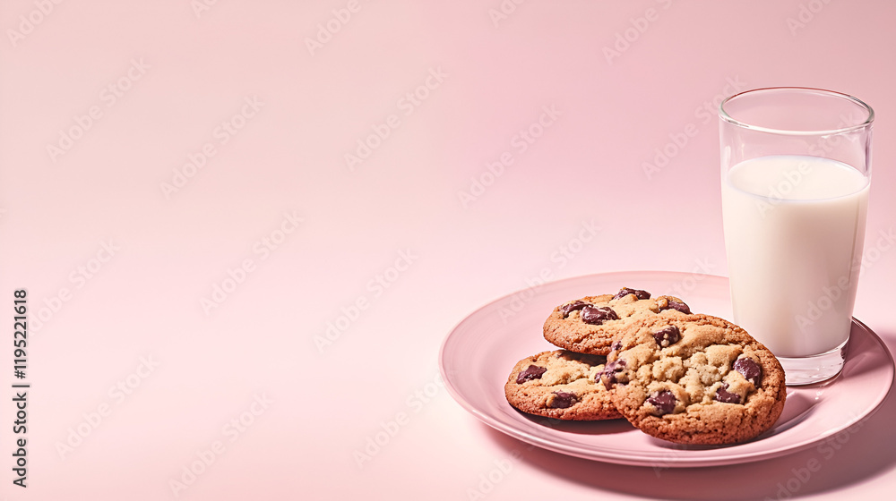 Milk and Cookies: Three freshly baked chocolate chip cookies rest on a pink plate, accompanied by a tall glass of cold milk. A simple yet delightful snack for a sweet and satisfying treat. Milk and Cookies: Three freshly baked chocolate chip cookies rest on a pink plate, accompanied by a tall glass of cold milk. A simple yet delightful snack for a sweet and satisfying treat.