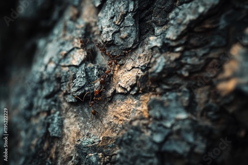 Ants collaborate, climbing rough bark.