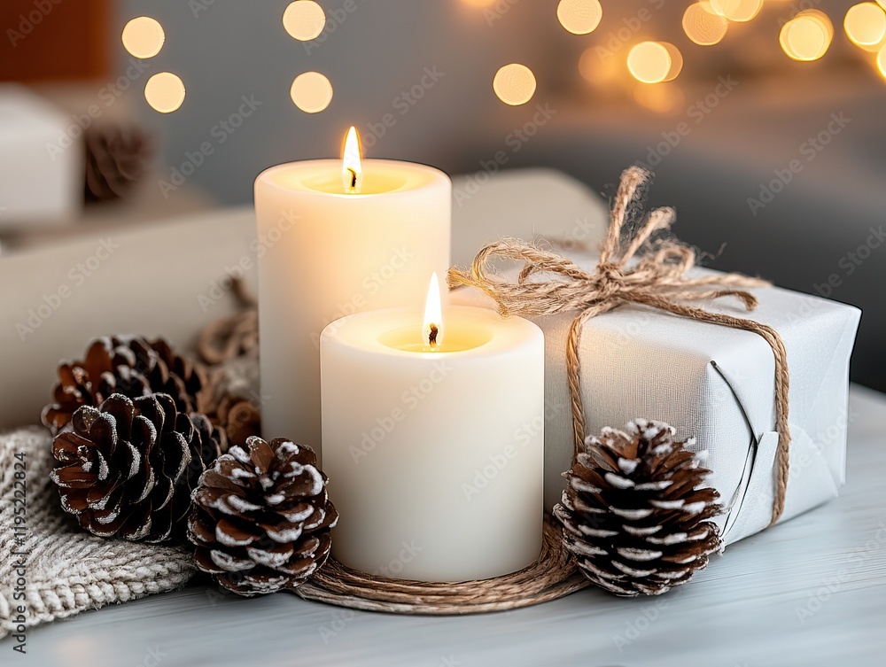 Two lit candles surrounded by pine cones and a beautifully wrapped gift, creating a cozy, festive atmosphere. Two lit candles surrounded by pine cones and a beautifully wrapped gift, creating a cozy, festive atmosphere.