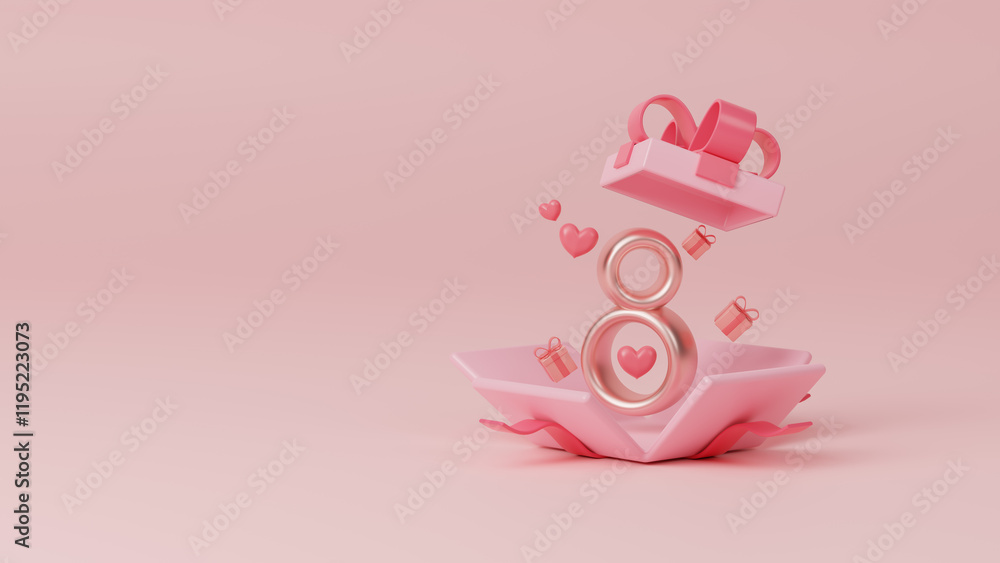 Obraz premium International Women's Day, Number eight with spring flowers and congratulatory inscription. Bright greeting card design. March 8 women's day design. Holiday and celebration metaphor. 3d rendering