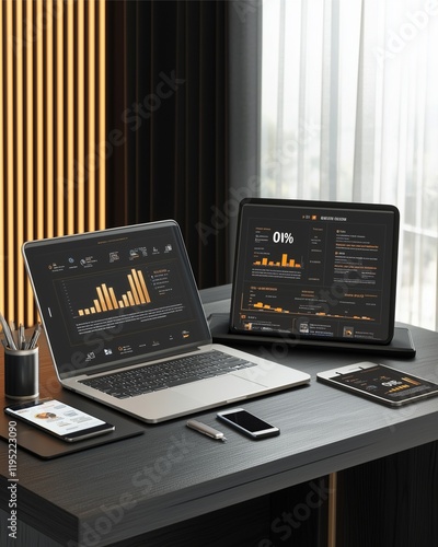 A stylish desk with a laptop, phone, and digital presentation showing key metrics of business ROI --no noise, dust - 1 photo