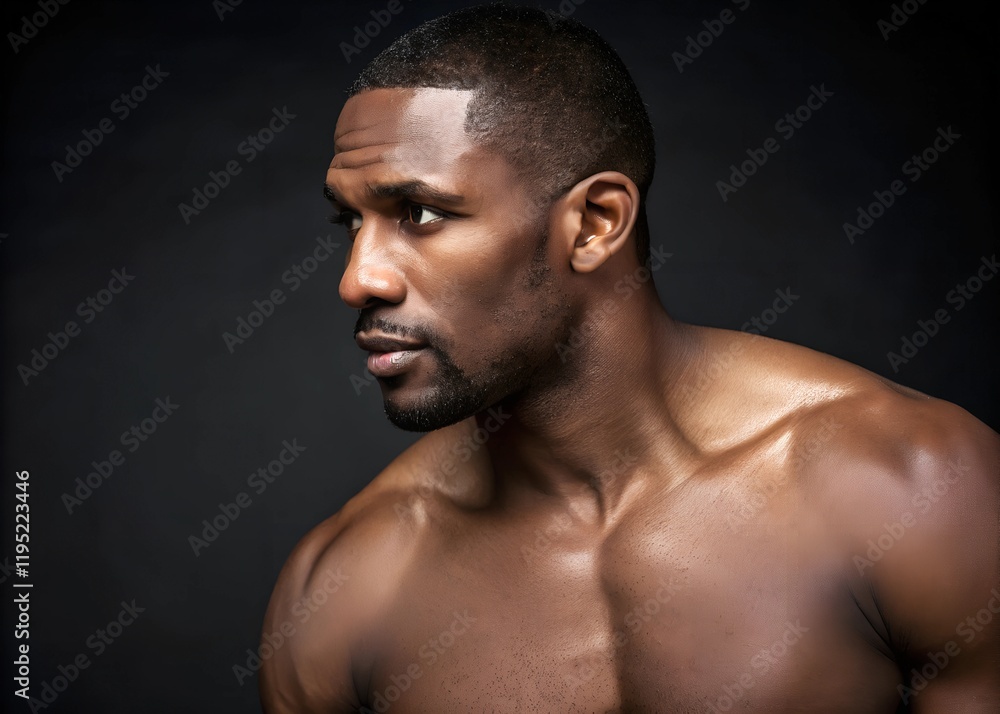 Muscular African American male model with toned physique posing against black background, suitable for fitness and advertising concepts. Muscular African American male model with toned physique posing against black background, suitable for fitness and advertising concepts.