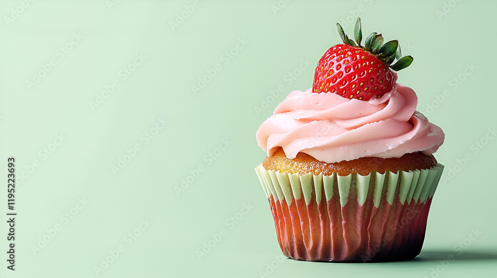Strawberry Delight Cupcake: A single, delicious-looking cupcake, topped with light pink frosting and a fresh strawberry, sits against a soft mint green background. The image is bright, cheerful. Strawberry Delight Cupcake: A single, delicious-looking cupcake, topped with light pink frosting and a fresh strawberry, sits against a soft mint green background. The image is bright, cheerful.