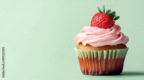Strawberry Delight Cupcake: A single, delicious-looking cupcake, topped with light pink frosting and a fresh strawberry, sits against a soft mint green background. The image is bright, cheerful.