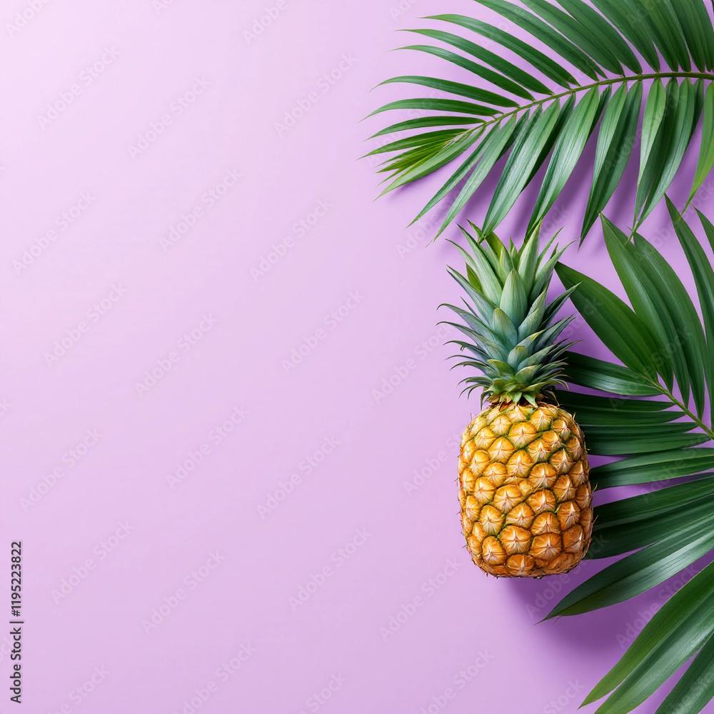 Vibrant pineapple and monstera leaves isolated on a bright pastel purple background with copyspace. Ideal for tropical themes, summer designs, and creative projects. Vibrant pineapple and monstera leaves isolated on a bright pastel purple background with copyspace. Ideal for tropical themes, summer designs, and creative projects.