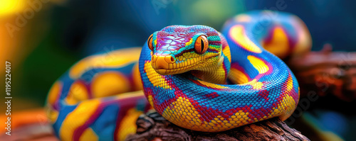 Wallpaper Mural Vibrant snake with colorful scales resting on a branch, showcasing intricate patterns against a blurred natural background. Torontodigital.ca