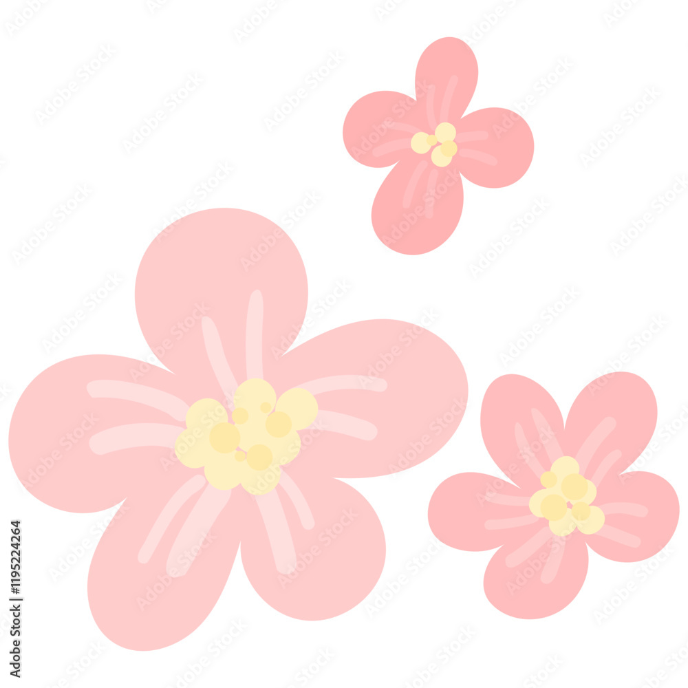 Spring sakura cherry blooming flowers bouquet. Isolated realistic pink petals, blossom, branches, leaves vector set. Design spring tree illustration Spring sakura cherry blooming flowers bouquet. Isolated realistic pink petals, blossom, branches, leaves vector set. Design spring tree illustration