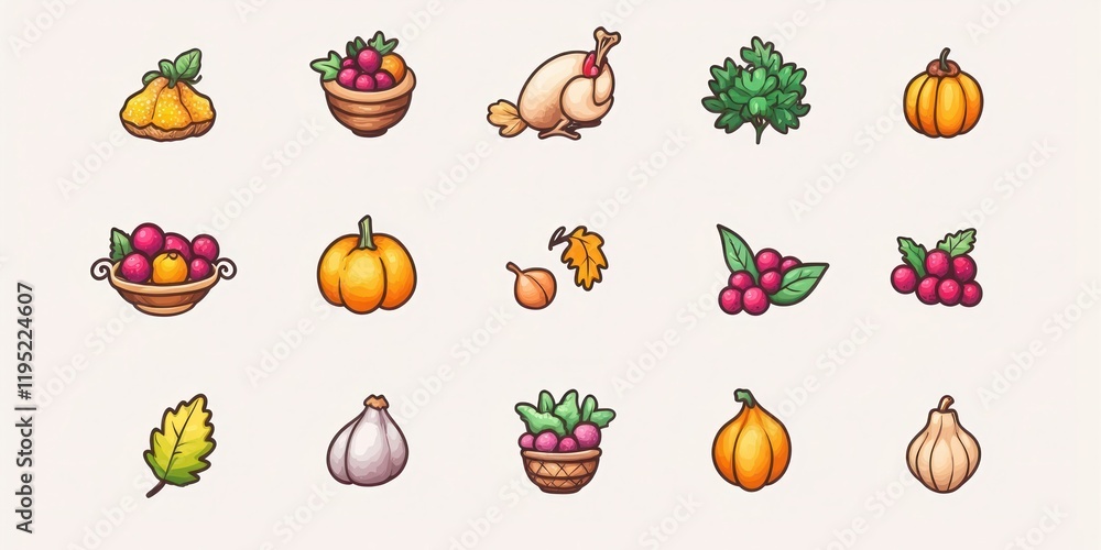 Colorful Thanksgiving icon collection with symbols of the holiday, like cornucopia, roasted turkey, and cranberries Colorful Thanksgiving icon collection with symbols of the holiday, like cornucopia, roasted turkey, and cranberries
