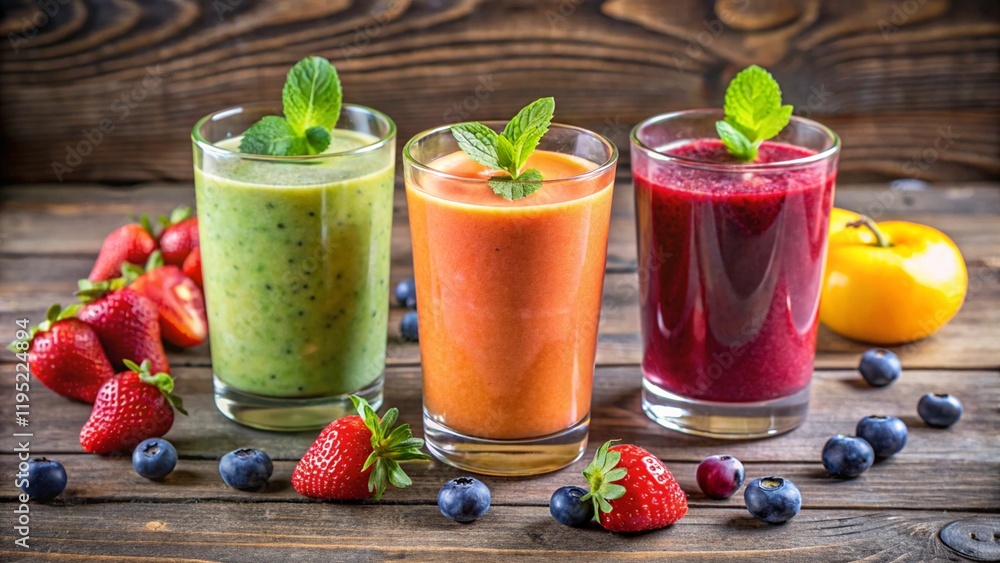 Three glasses with different smoothies with fruits and berries
Three glasses with different smoothies with fruits and berries
