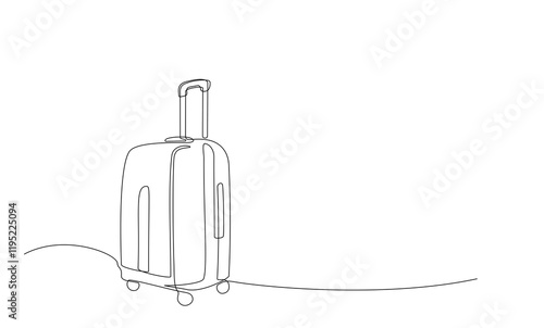 Suitcase in continuous line art drawing style. Single one line drawing of case, luggage bag with wheels isolated on white background. Editable stroke vector design object for banner flyer concept