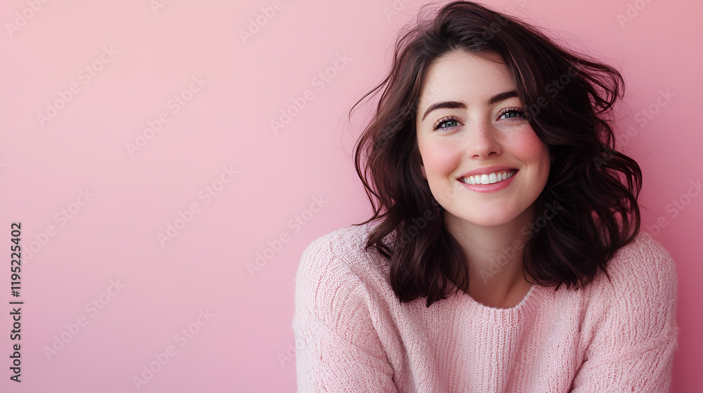 Pink Sweater Smile: A young woman with shoulder-length dark brown hair beams a genuine smile, radiating warmth and confidence against a soft pink background. Pink Sweater Smile: A young woman with shoulder-length dark brown hair beams a genuine smile, radiating warmth and confidence against a soft pink background.