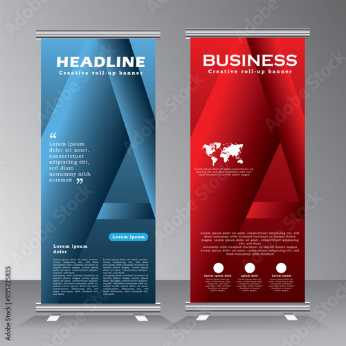 Roll up banner design, abstract roll up banner template, red and blue color vertical banner, pull up banner, vector eps 10