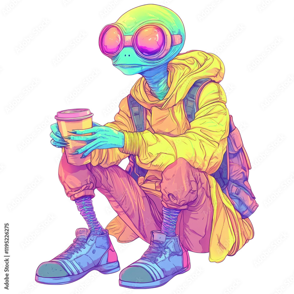 Obraz premium Colorful alien character in trendy streetwear with coffee