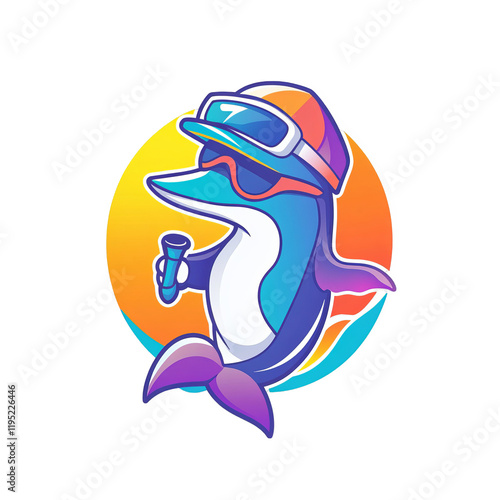 Dolphin character enjoying a drink coastal beach digital art vibrant environment playful viewpoint fun concept photo