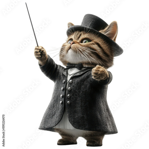 Cat dressed as a conductor holding a baton

